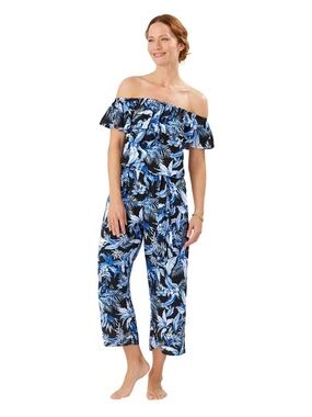 Tommy Bahama Jumpsuit Indigo Garden Off-The-Shoulder Ruffle No Belt Blue Size M